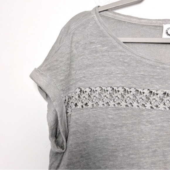 Anthropologie Akemi + Kin Gray Lattice Lace Stripe Short Sleeve Linen Tee NEW - Picture 3 of 13